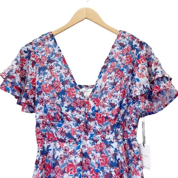NWT Japna Americana Floral Ruffled Flutter Sleeve Mini Dress Red Blue Size Large - Picture 5 of 12